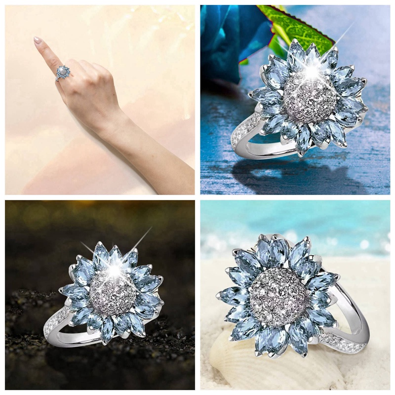 Cincin Bunga Matahari Zrconia Berlian Imitasi Biru, Perhiasan Wanita Cincin Tunangan Perhiasan Fashion Sederhana