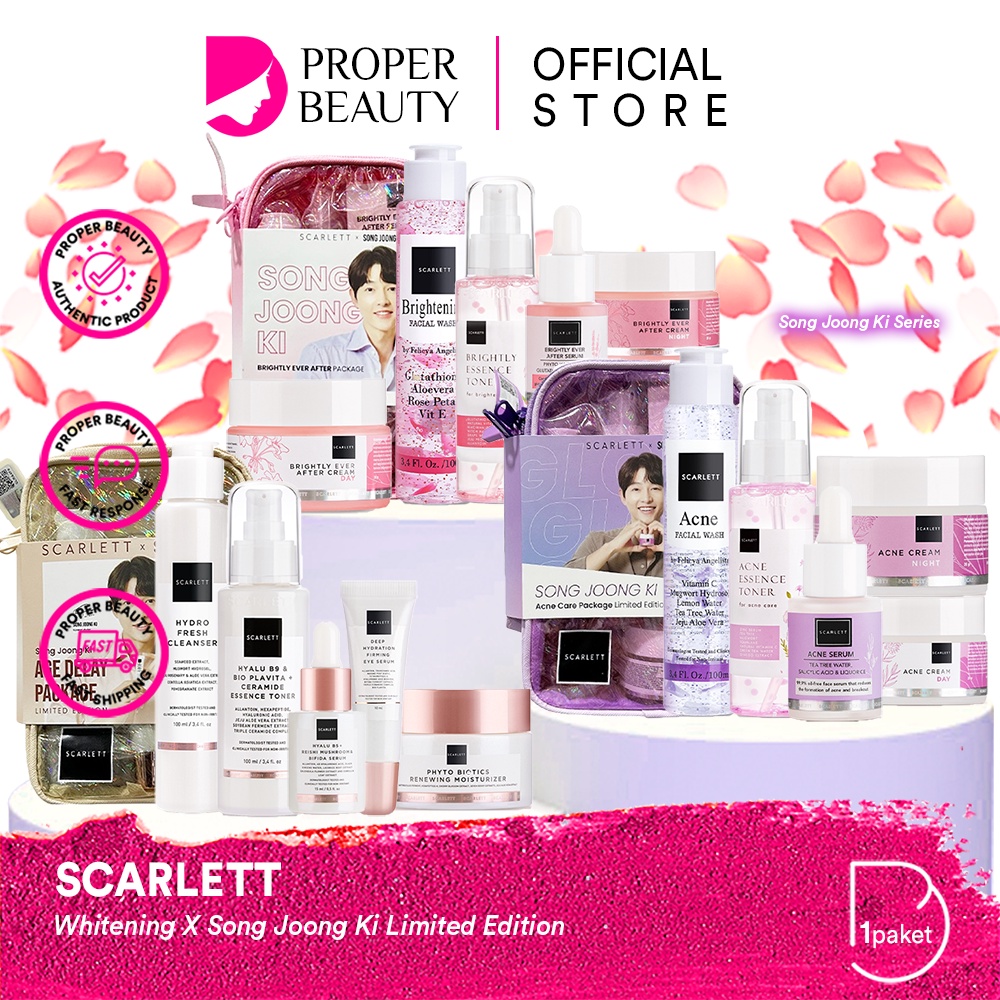 SCARLETT Whitening X Song Joong Ki Limited Edition Indonesia / Paket Facial Wash Essence Toner Serum Ampoule Day Night Eye Cream Mask Gel Sunscreen Moisturizer / Brightly Ever After Acne Age Delay Wajah Face Glowing 1 Paketan Package Full Set Pouch Series