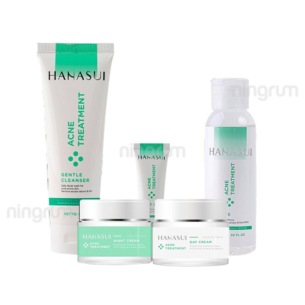 Ningrum - HANASUI Paket Acne Treatment Series 4in1 | Include Gentle Cleanser / Power Essence / Day Cream / Night Cream / Acne Spot Gel | Skincare Perawatan Wajah Tampak Glowing Mulus Menghilangkan Bekas Jerawat Original BPOM - 5026