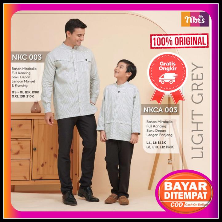 Baju Koko Couple Ayah Dan Anak Lengan Panjang Light Grey Nibras Promo