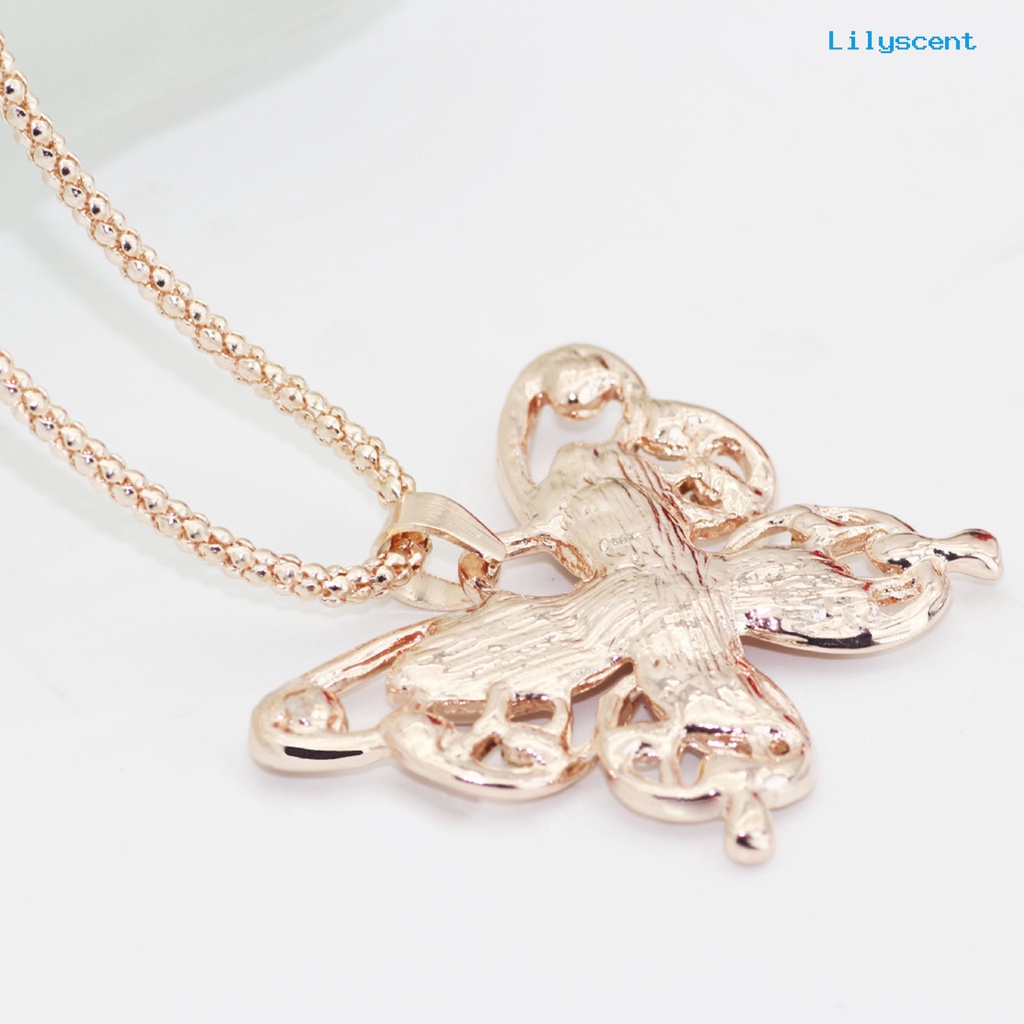 Ls Kalung Wanita Berlian Imitasi Mengkilap Warna Rose Gold Bentuk Kupu-Kupu Lady Pendant Perhiasan Perempuan