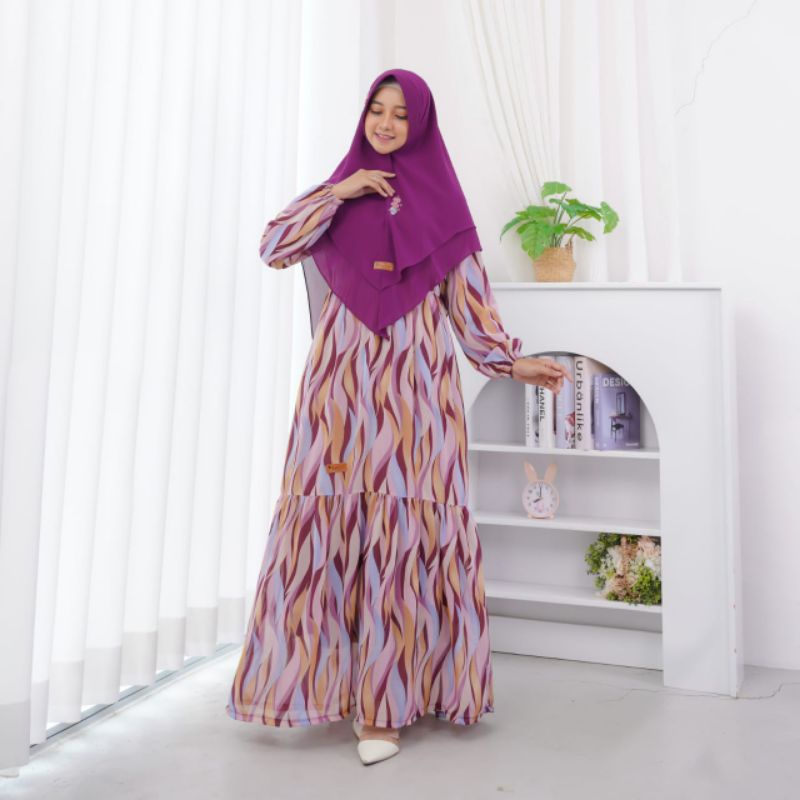 Gamis Syar'i Ceruty Babydoll One Set Khimar (Abstrak)