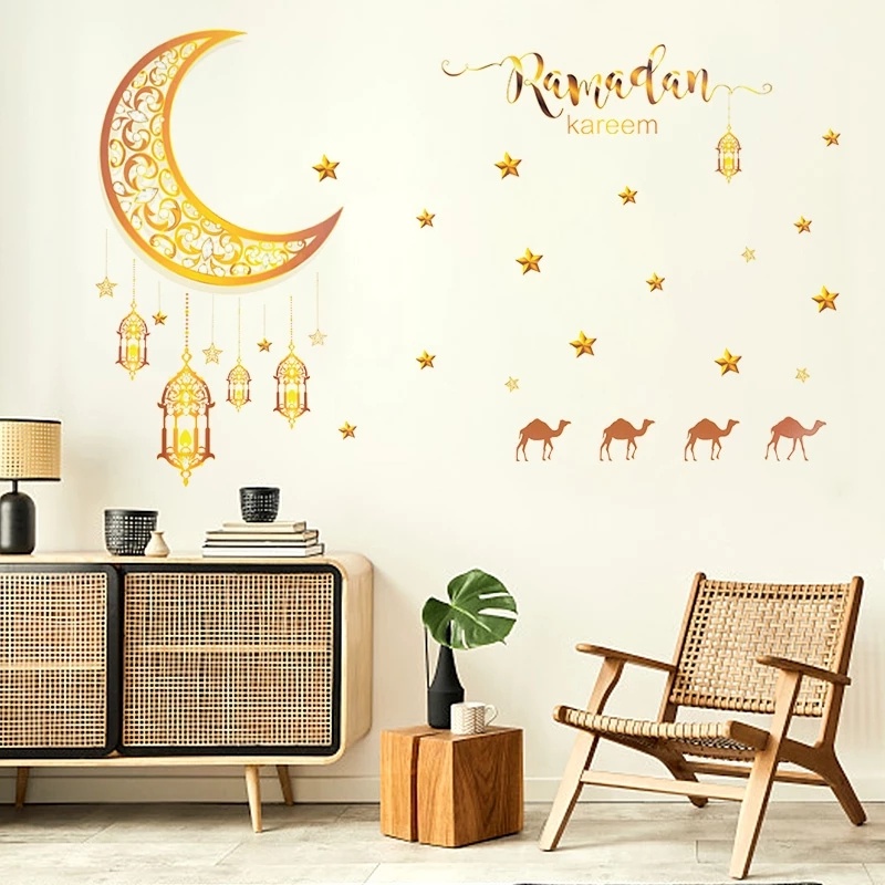 Tahan Debu Dekorasi Seni Indoor Bulan Bintang Lentera Dinding Decal Perekat Diri Diukir Wallpaper Festival Pesta Dekorasi Perlengkapan Ramadhan Lebaran Stiker Dinding