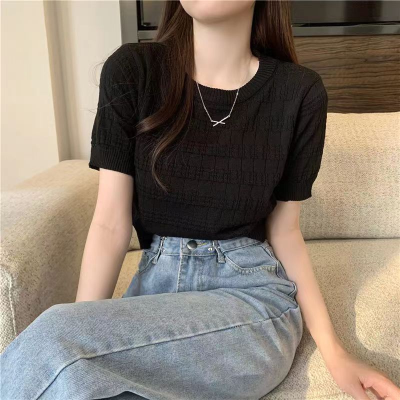 Korean Baju Atasan Wanita Lucu Knit Crop Top Lengan Pendek