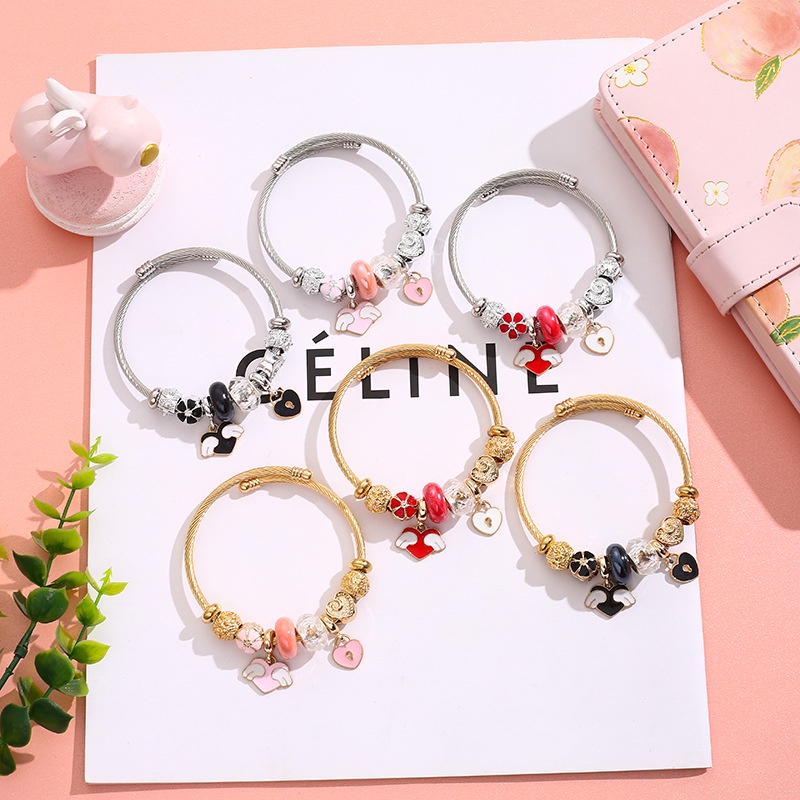 XiaoboACC Gelang Manik-Manik Stainless Steel Liontin Cinta DIY Fashion Korea