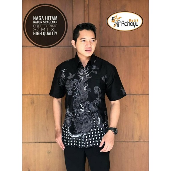 Naga Hitam RAHAYU Kemeja batik pria motif naga abu hitam lengan pendek non furing kemeja premium