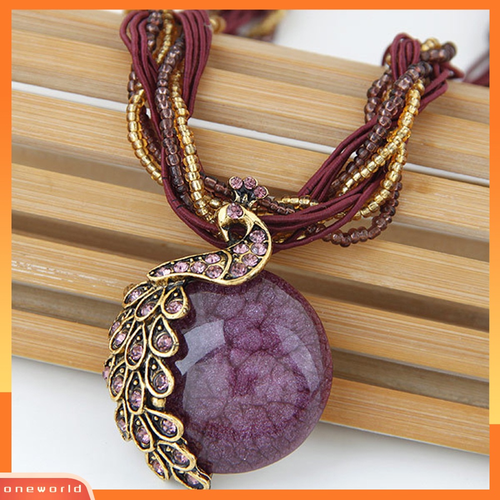 {oneworld} Bohemian Wanita Berlian Imitasi Hias Merak Bulat Imitasi Opal Liontin Kalung Hadiah