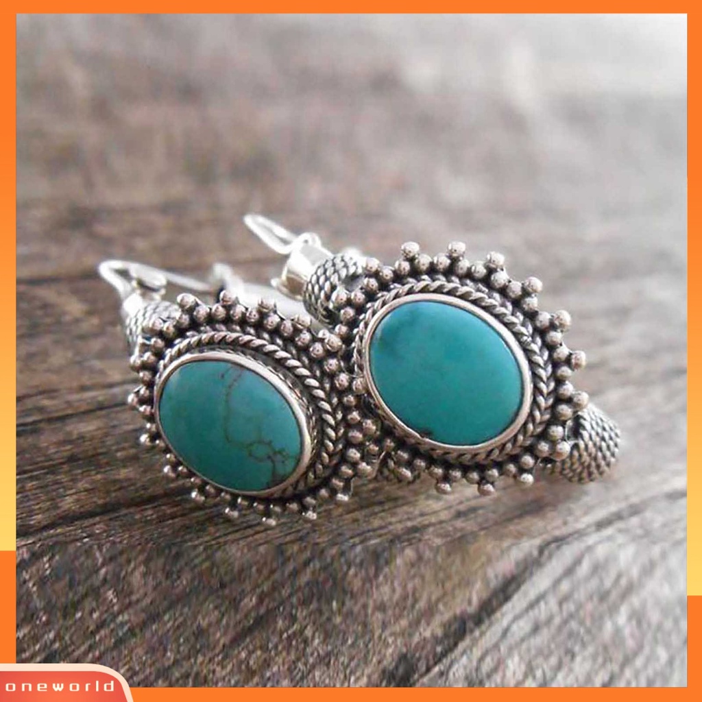 {oneworld} 1pasang Anting Hoop Tindik Oval Ukir Unik Biru Turquoise Bohemia Retro Earrings Perhiasan Aksesoris