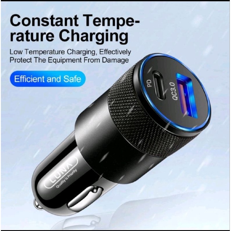 LUNA R1B3 CAR CHARGER COLOKAN MOBIL 2 PORT USB TYPE-C FAST CHARGING PD 36W QC 3.0 QUALCOMM