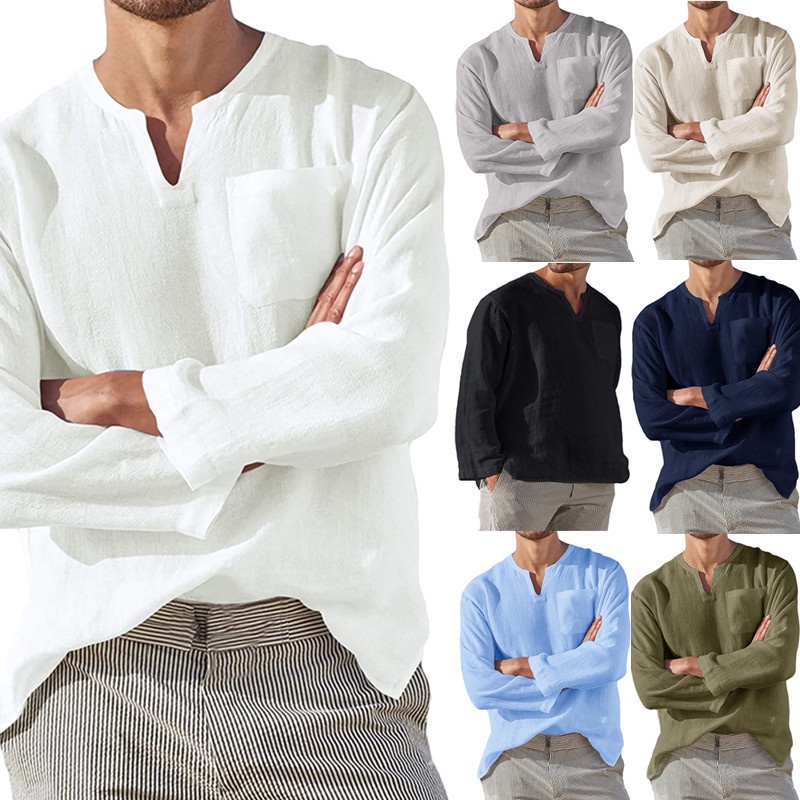 Hot jual Pria Lengan Panjang V-Leher Kasual Pantai Kemeja Linen Kemeja Pria