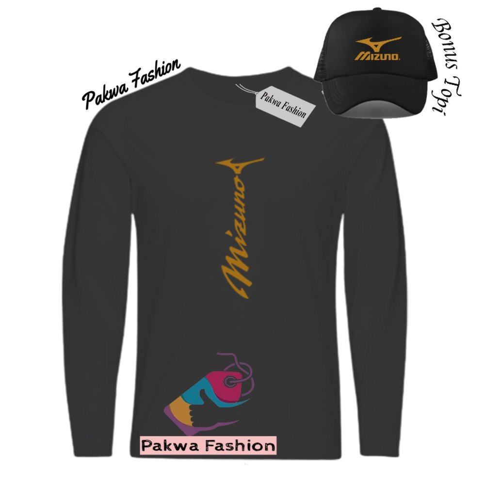 Bonus Topi Kaos Distro Lengan Panjang Mizuno Garis Lurus Gold Baju Tshirt Polos Pria Wanita Dewasa K
