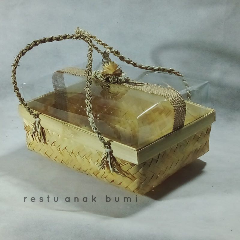 NEW rantang bambu,box bambu,Box kue Packaging Premium qualiti mika kaca transparan merah emas pita g
