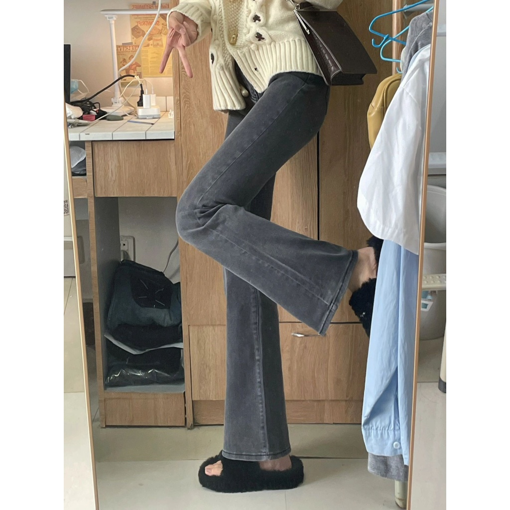 abu-abu high-waist hamparan luas leg denim kasual berkobar celana wanita Korea