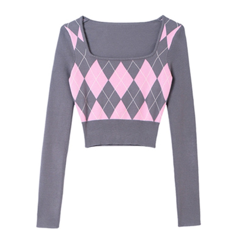 YIU YIU Rajut - Korean Baju Crop Lengan Panjang Kotak Kotak Sweater Crop Squareneck