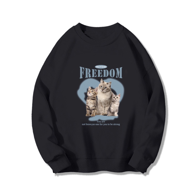 Kaos Stasan Wanita Oversize Couple Sweater American Vintage Cartton Cat Cartoon Graphic Priting Top Kekinian Casual Sweater