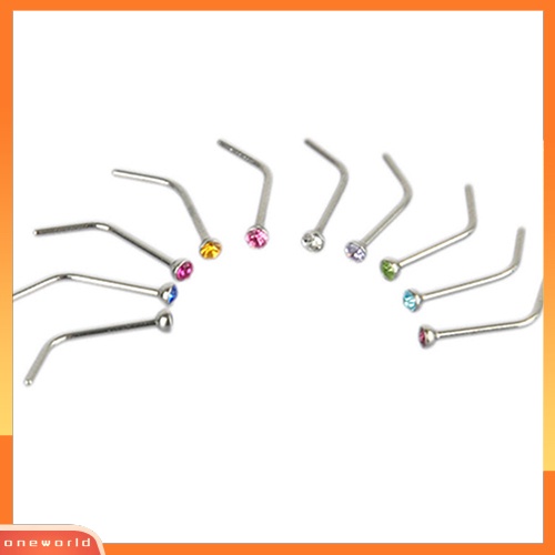 [oneworld] 10pcs Unisex Berlian Imitasi Stainless Steel Sekrup Cincin Hidung Stud Piercing Perhiasan