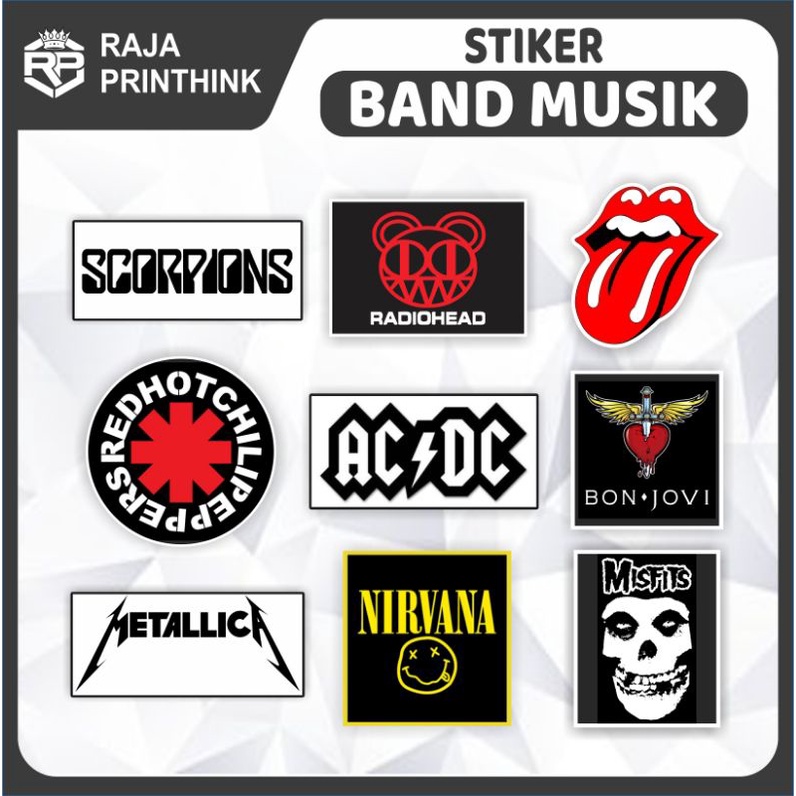 Stiker Band Musik Barat Scorpions Radiohead The Rolling Stones ACDC Bon Jovi Metalica Nirvana Misfit