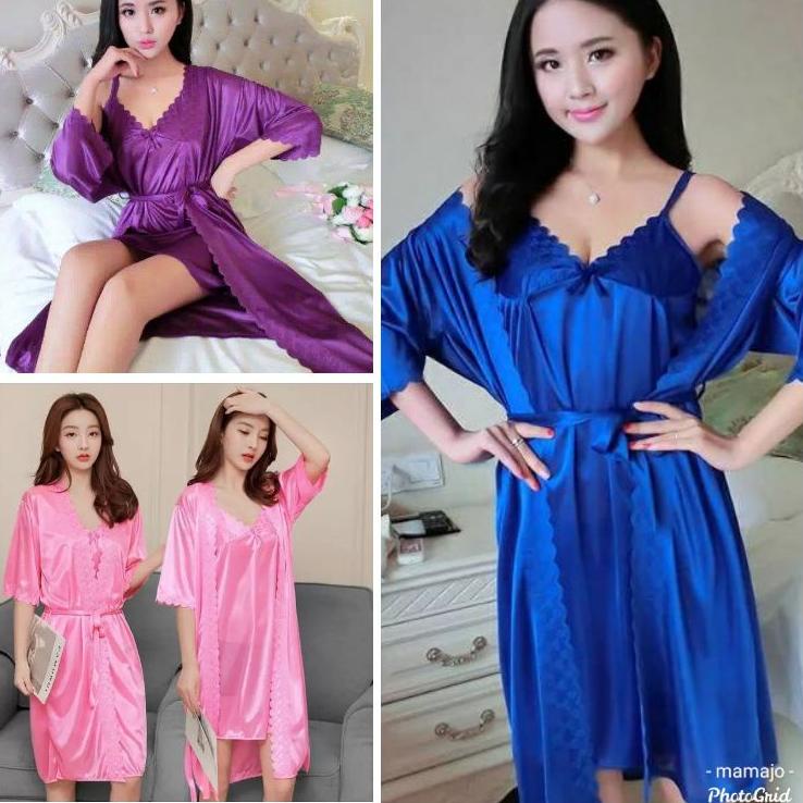 【MEGA SALE】 KIMONO LINGERIE DRESS 2IN1 / PIYAMA SET BAJU TIDUR / LONG DRESS BELT / BAJU TIDUR WANITA