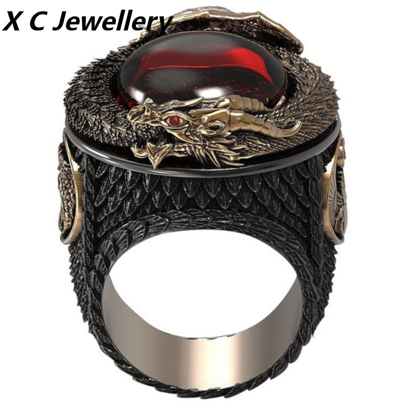 [X C Perhiasan] Hip Hop Rock Retro Pria Fashion Naga Berbentuk Cincin Permata Gothic Pesta Perhiasan Aksesoris