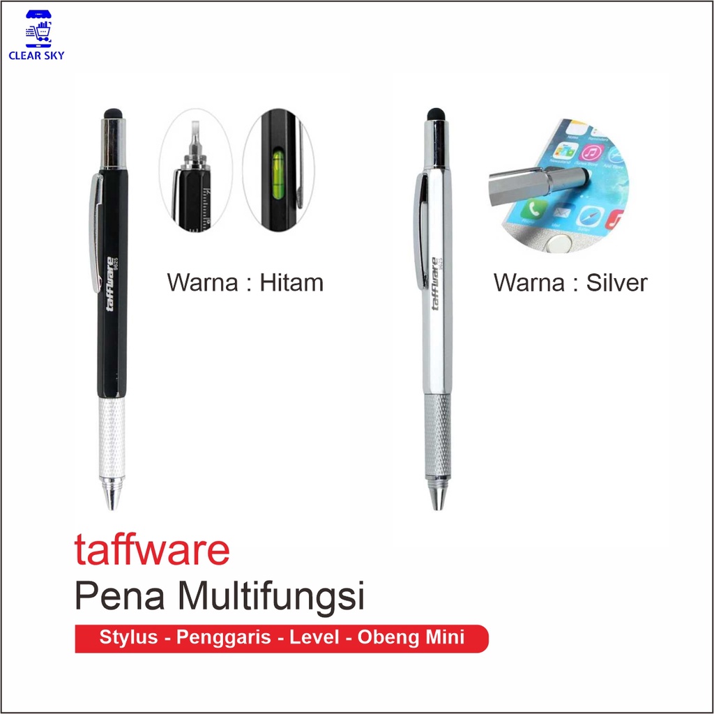

Taffware Pulpen Pena Multifungsi Plastik Stylus Penggaris Level Obeng Mini Warna Hitam Silver