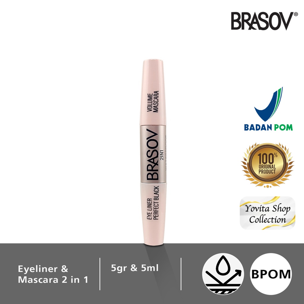 Brasov Volume Mascara dan Eyeliner 2 in 1 Hitam MakeUp Waterproof BPOM | Maskara &amp; Eyeliner Brasov 100% Original