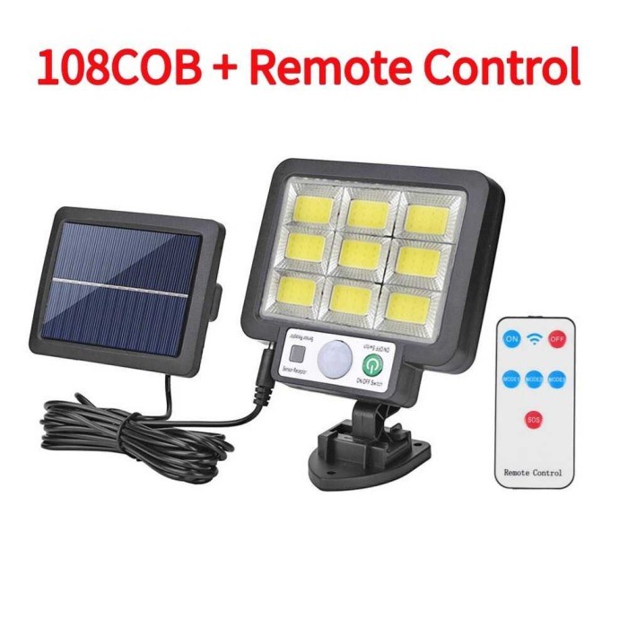 Lampu Taman Solar Cell Outdoor Lamp PIR Sensor Weatherproof COB Remote - Hitam, 108 LED