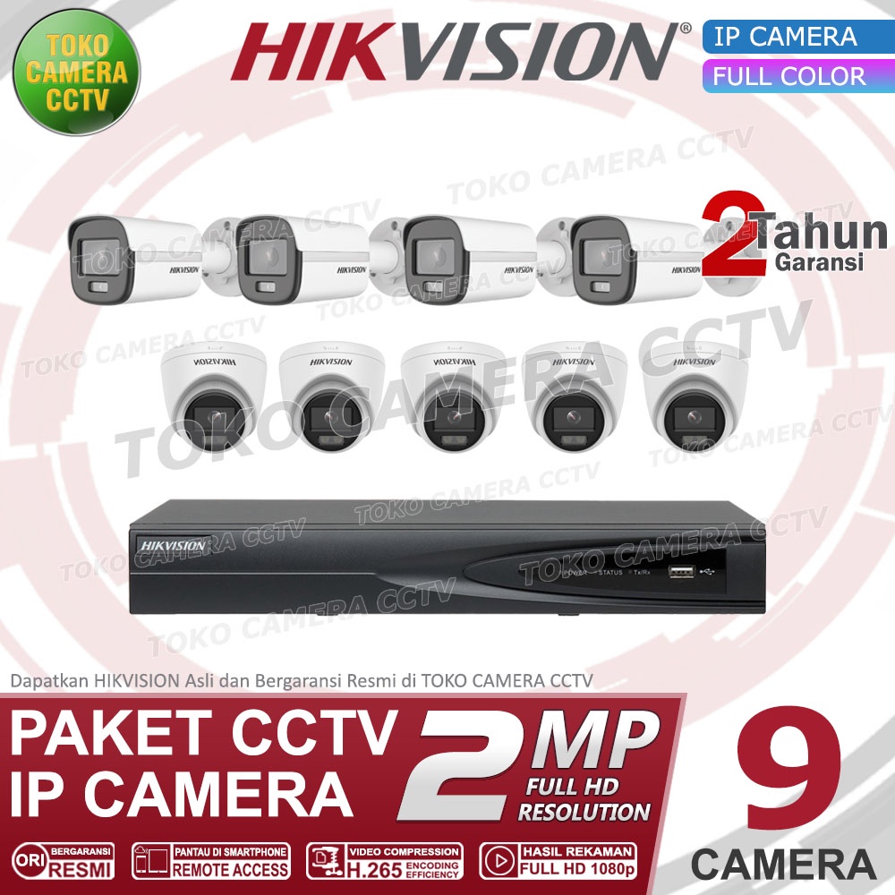 PAKET CCTV IP CAMERA HIKVISION COLORVU 2MP 16 CHANNEL 9 KAMERA