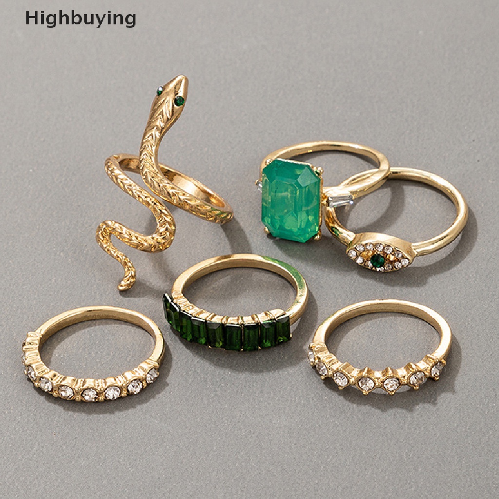 Hbid 6pcs/set Cincin Ular Berlian Imitasi Hijau Untuk Wanita Vintage Perhiasan Kristal Glory