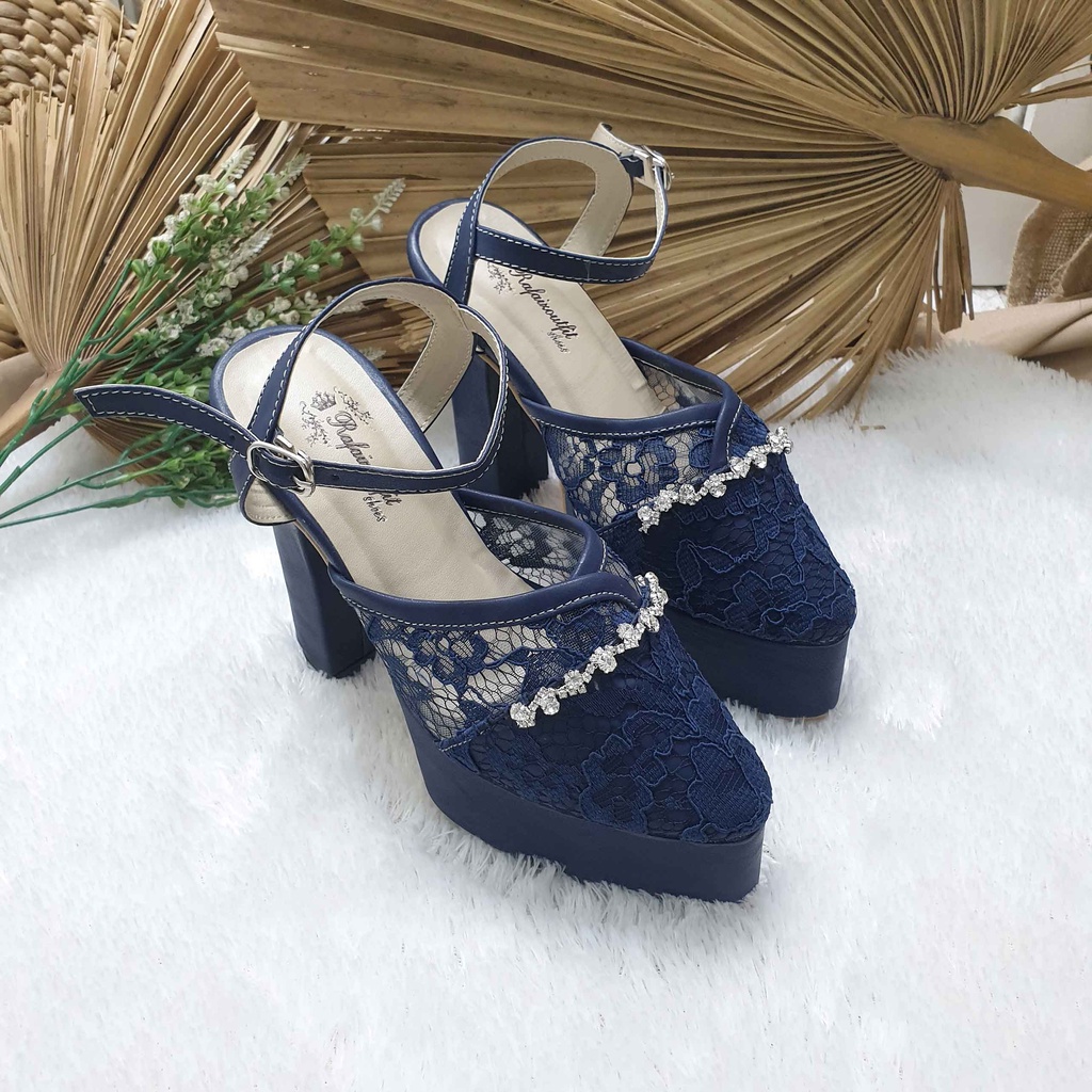 Sepatu wedding pesta cantik Cindy navy acessoris 12cm tahu