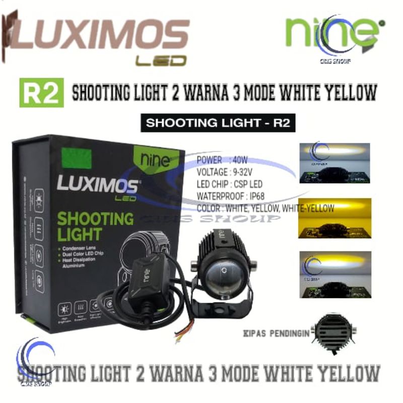 LUXIMOS NINE LAMPU LED SOROT R2 LASER 2 WARNA 3 MODE 40W PUTIH KUNING DAN PUTIH KUNING SHOOTING LIGHT R2