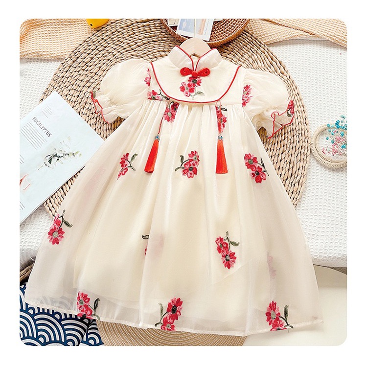 Dress Anak Perempuan Cheonsam Satin Merah Cream Mutiara Impor Premium