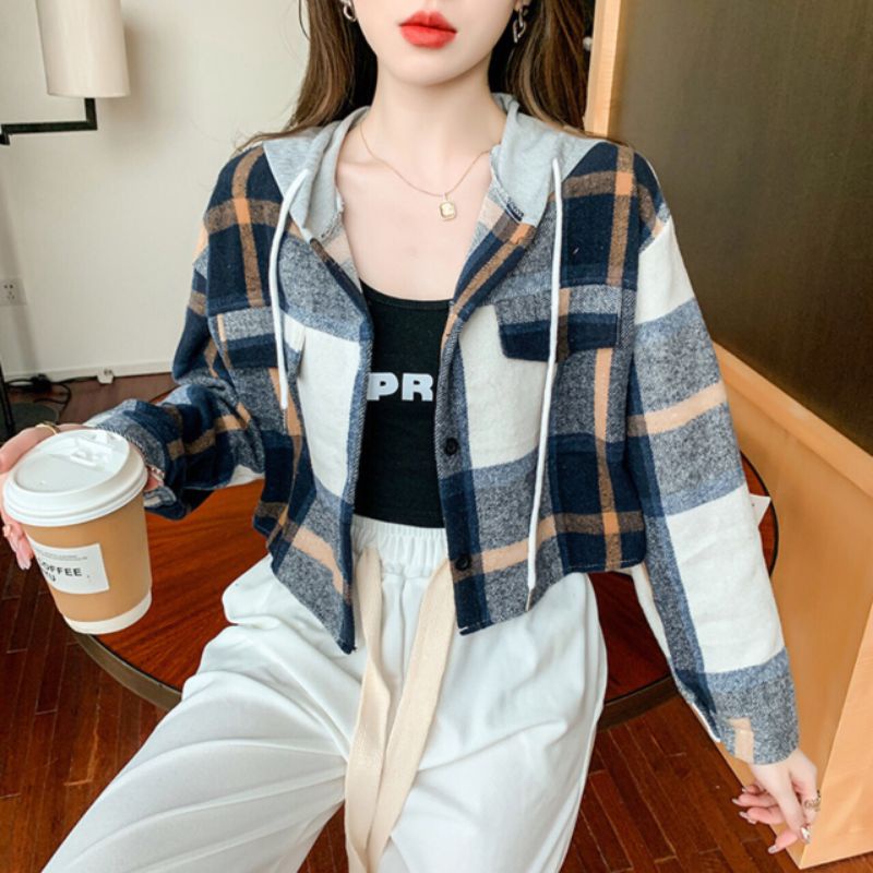 Atasan import korean fashion Tartan Flannel Hoodie Crop Top Outer jacket cardigan basic polos kotak 