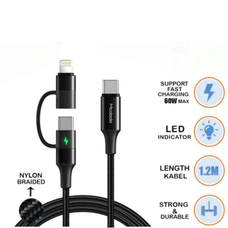 McDodo Kabel Data 3 IN 1 USB Ke Type C,Lighting,Micro Usb Fast Charging