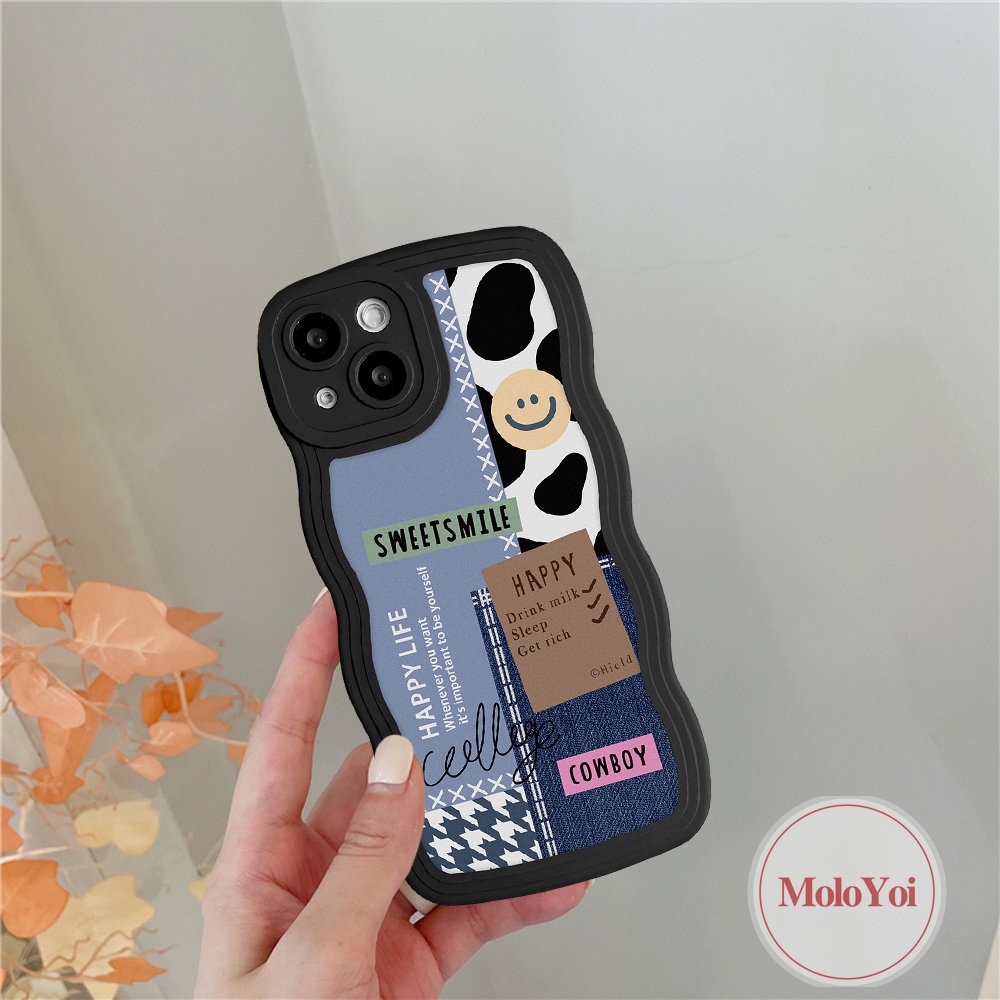 IPHONE Case Pasangan Untuk Iphone12 13 14 Pro Max 11 Pro Max6 6S 7 8 Plus XR X XS Max SE 2020 INS Fashion Lucu Manis Senyum Splicing Kupu-Kupu Art Label Tepi Bergelombang Lembut TPU Penutup Belakang