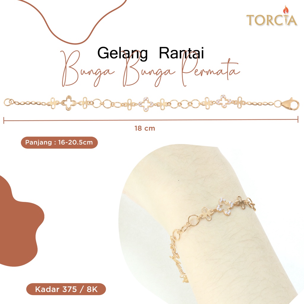 Gelang Rantai Emas Asli Bunga Bunga Permata Kadar 375 Torcia