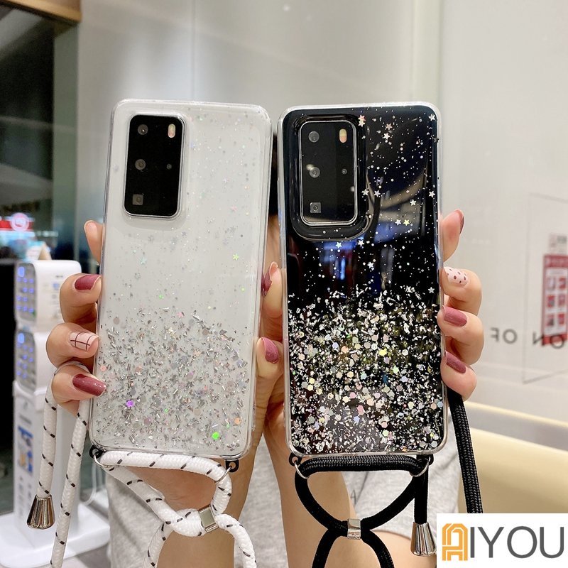 Hiasan Glitter Casing Ponsel Transparan Dengan Tali Untuk OPPO A5S F9 A12 A7 A11K A3S A1K A15 A15S A16