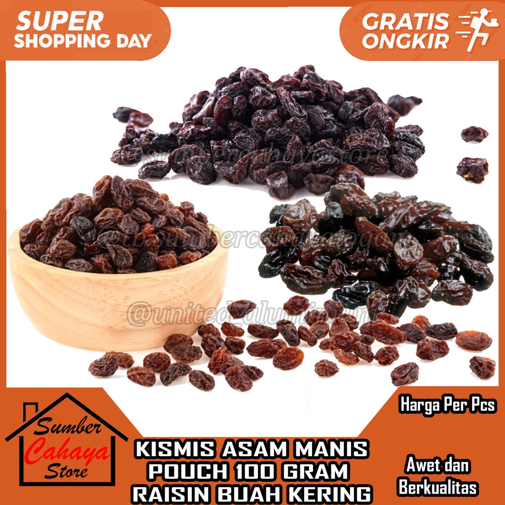 

KISMIS ASAM MANIS 100 GRAM RAISIN BUAH KERING BLACK BROWN CISMIS ANGGUR KERENG COKLAT HITAM MERAH POUCH 100GR ECER KILOAN TAMBAHAN CAMPURAN MASAKAN MAKANAN ADONAN KUE GOLDEN RISIN