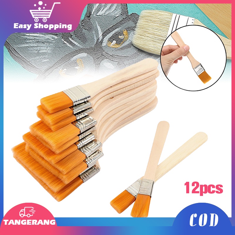 12pcs Kuas Lukis Lebar Gagang Kayu Kuas Lukis Bali Artist Kuas Cat Tebal Halus Nylon Flat Painting Brush