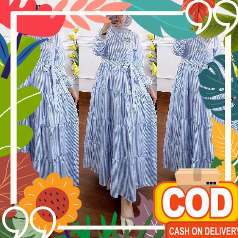 Biru Tua muda Blue sky / COD - Syarmilla Dress Gamis Premium Salur Katun Kekinian Ld 110 Fit S - XL 