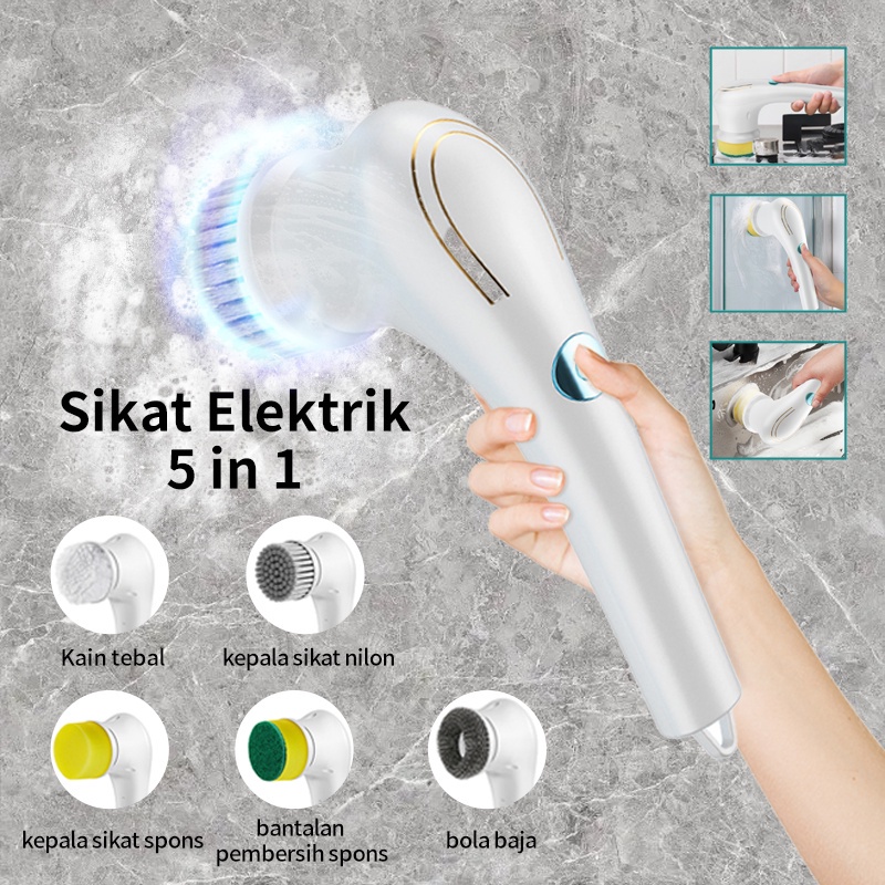 SYH Mall Sikat Elektrik 5 in 1 Handheld Sikat Kamar Mandi Rotasi Cerdas 360° Derajat Kebisingan Rendah Tahan Air IPX7 Wastafel Dapur Cleaning Brush