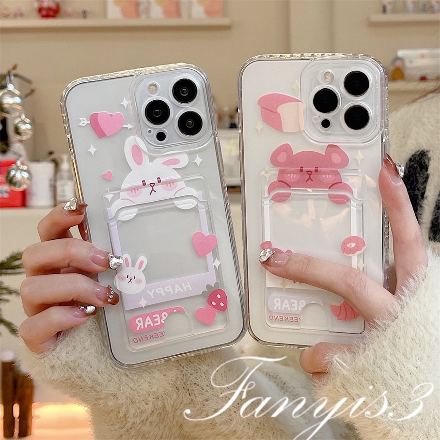 Compatible For IPhone 14 13 12 11 Pro Max X XR Xs Max 8 7 Plus SE 2020 Kompatibel Untuk Cute Babbit Bear Card Holder Phone Case Clear TPU Soft Cover Pelindung