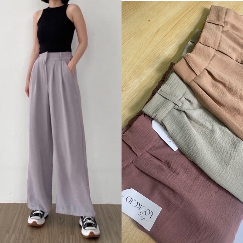 Loose Pants Highwaist Wanita Kekinian Celana Kulot Wanita Bahan Wafle Knit Premium