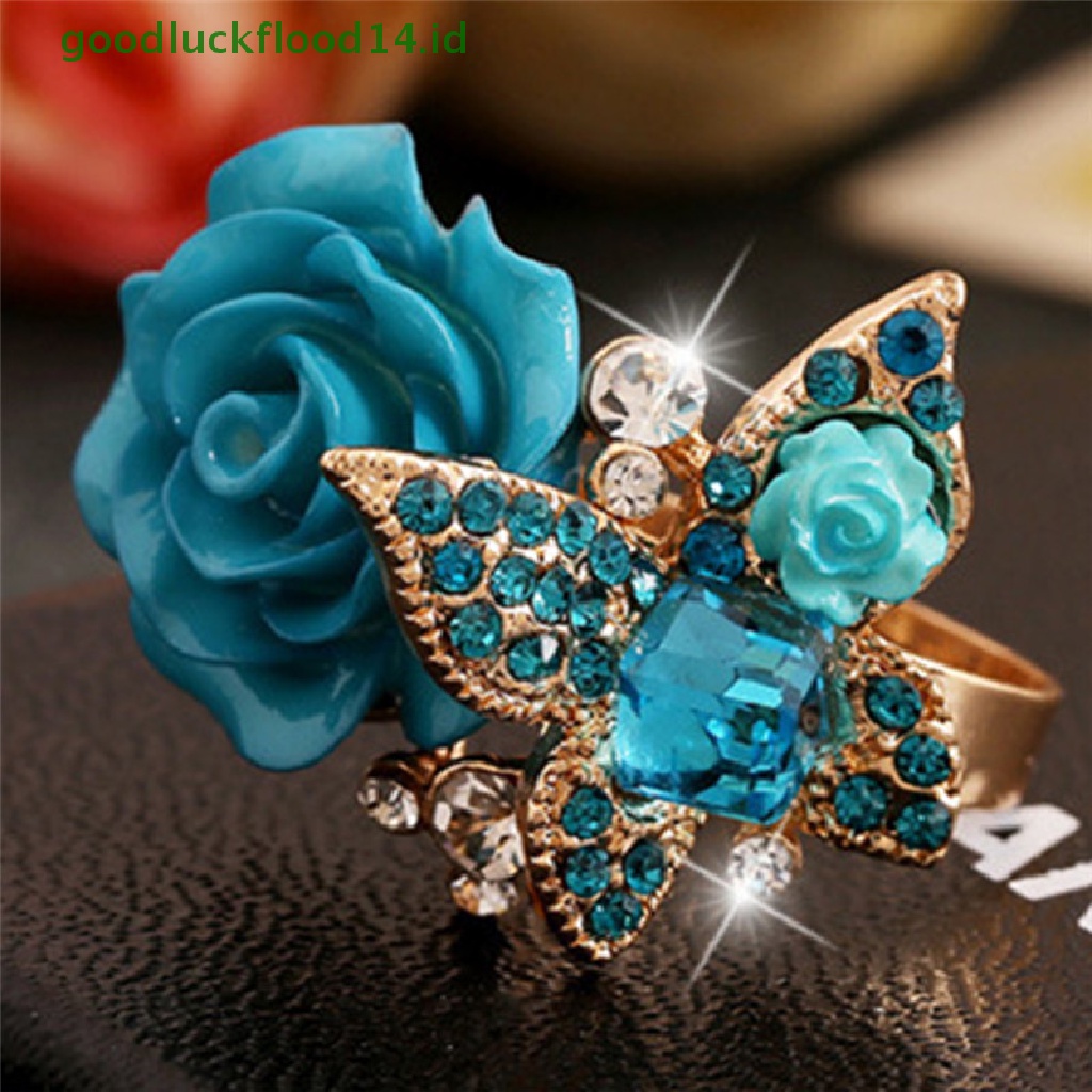 [GOOGFOUR] Adjustable Rose Butterfly Finger Ring Kristal Berlian Imitasi Cincin Perhiasan Pertunangan [TOP]