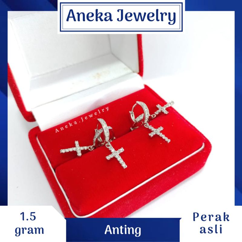 Anting Donat Gantung Salib, Sepuh Emas Putih, Perak 925