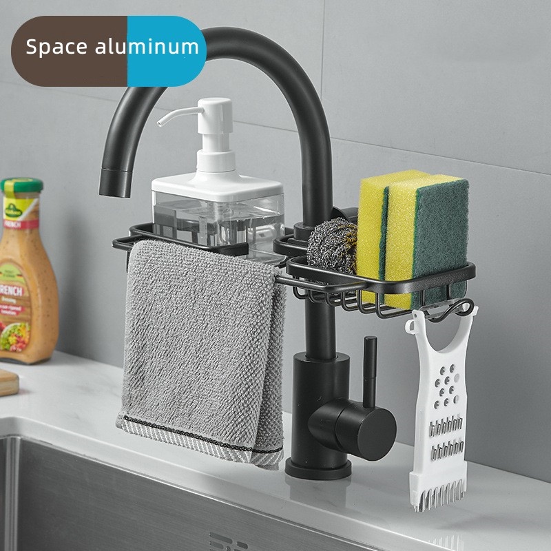 Spons Wastafel Dapur Rak Aluminium Caddy Organizer Pemegang Dengan Kait Wastafel Dapur Keranjang Pembuangan Keran Menggantung Rak