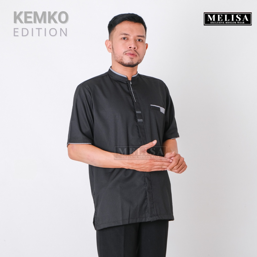 Baju Koko Pria Bahan Katun Toyobo Baju Muslim Laki Laki Model Kemko Polos Lengan Pendek Warna Hitam