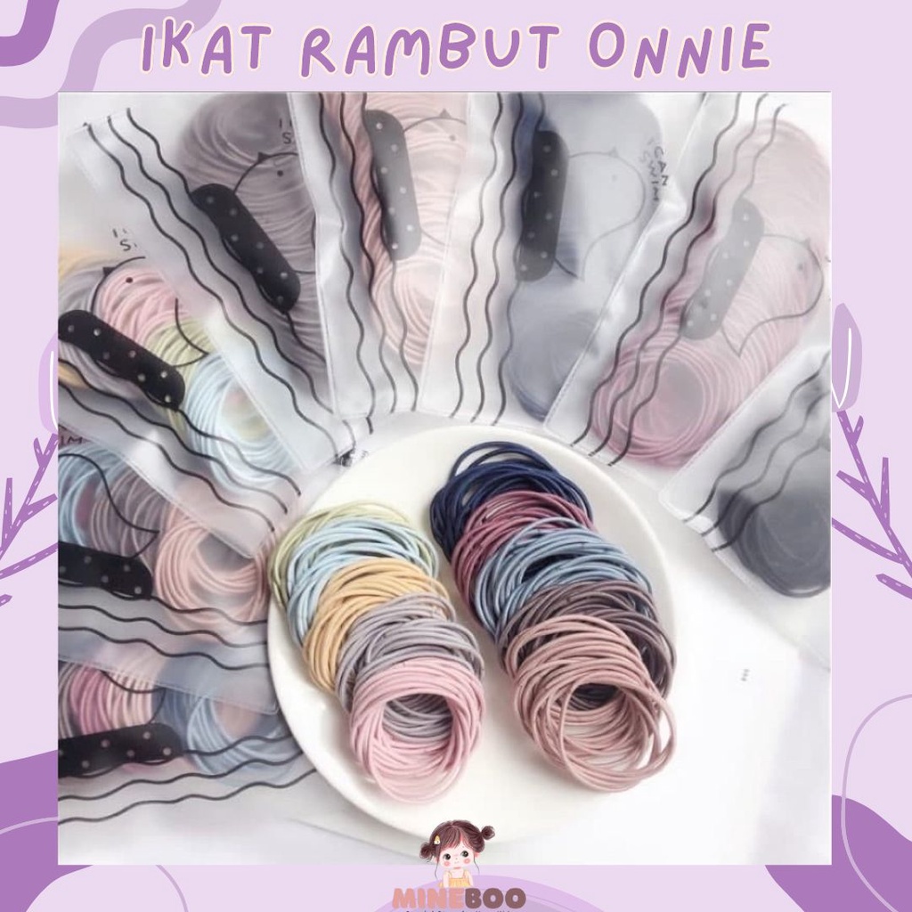 mineboo - IKAT RAMBUT ONNIE 100pcs + pouch ikat rambut karet polos warna-warni anak dewasa import ala korea