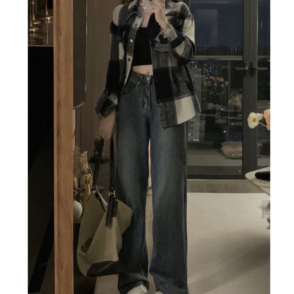 Musim gugur dan musim dingin kemeja lengan panjang kotak-kotak desain wanita niche rasa kemeja longg