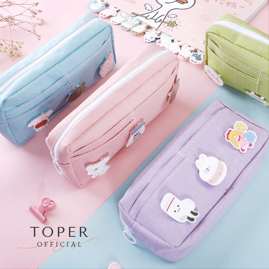 

TOPER Kotak Tempat Pensil Pencil Case Kain Lucu Kapastitas Besar FREE Pin Bross