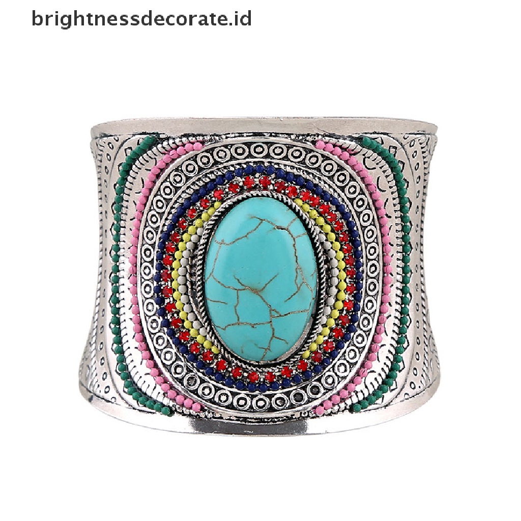 [Birth] Bohemian Vintage Tibet Perak Turquoise Wanita Pesona Cuff Bangle Bracelets [ID]